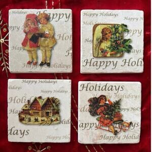 Studio Vertu Handmade Victorian Vintage Christmas 4” Coaster Set Made USA Gift